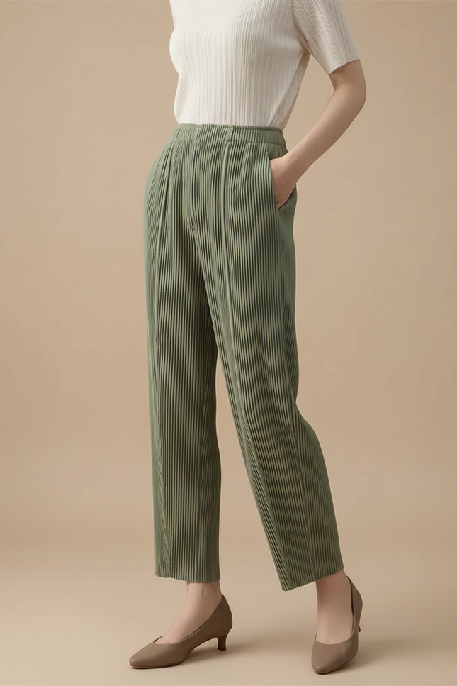 Pantalon À Pince Plissé Vert Fluide Confortable Femme - Polyester