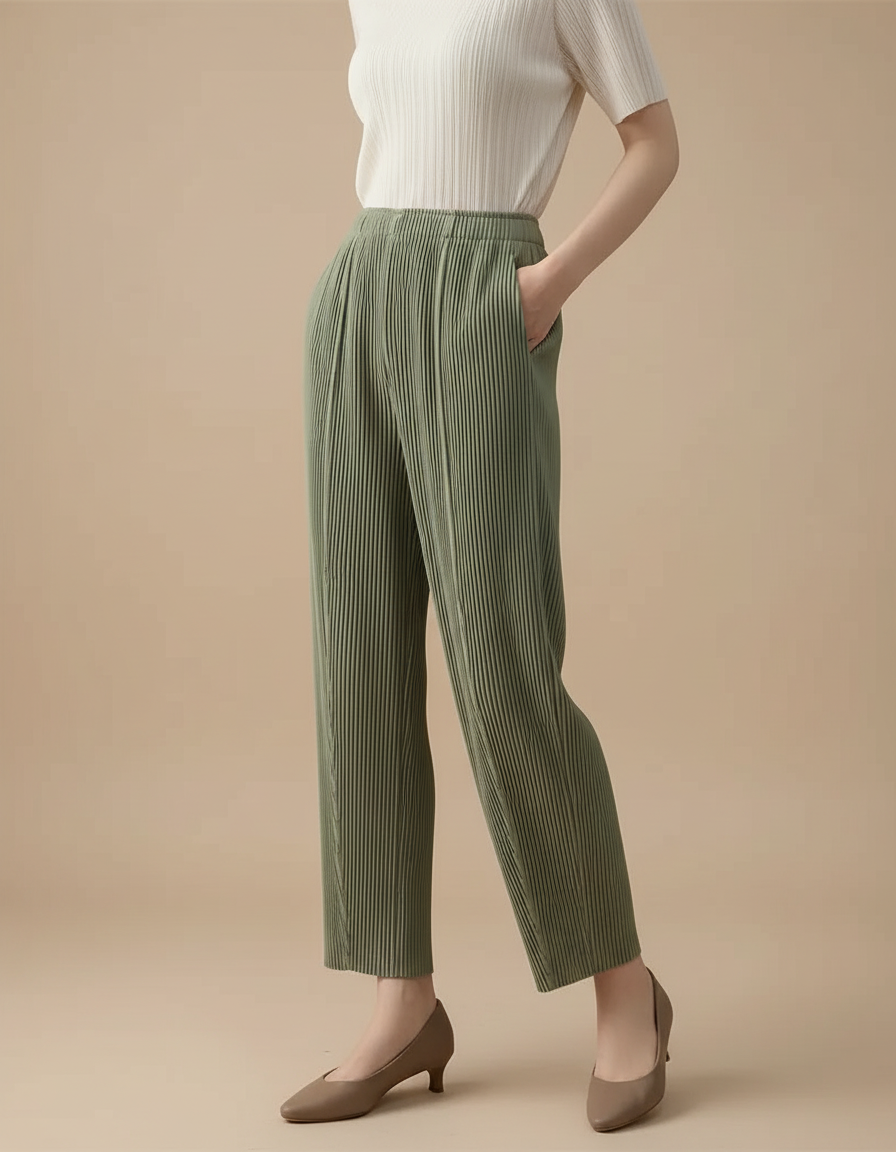 Pantalon À Pince Plissé Vert Fluide Confortable Femme - Polyester