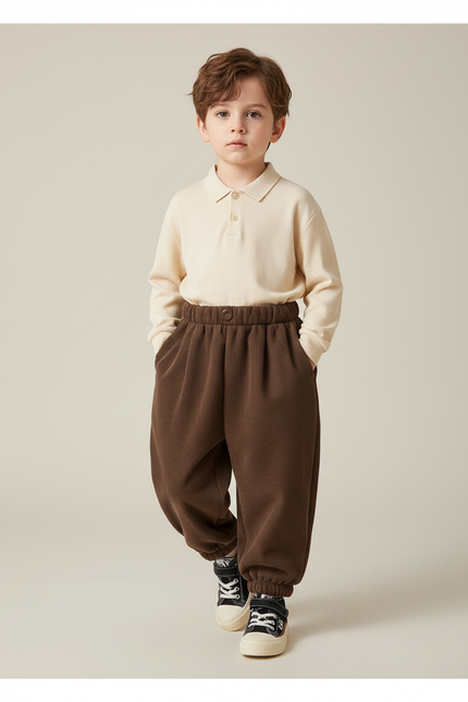 Pantalon À Pince Marron Côtelé Ample Enfant Hiver - Cordé
