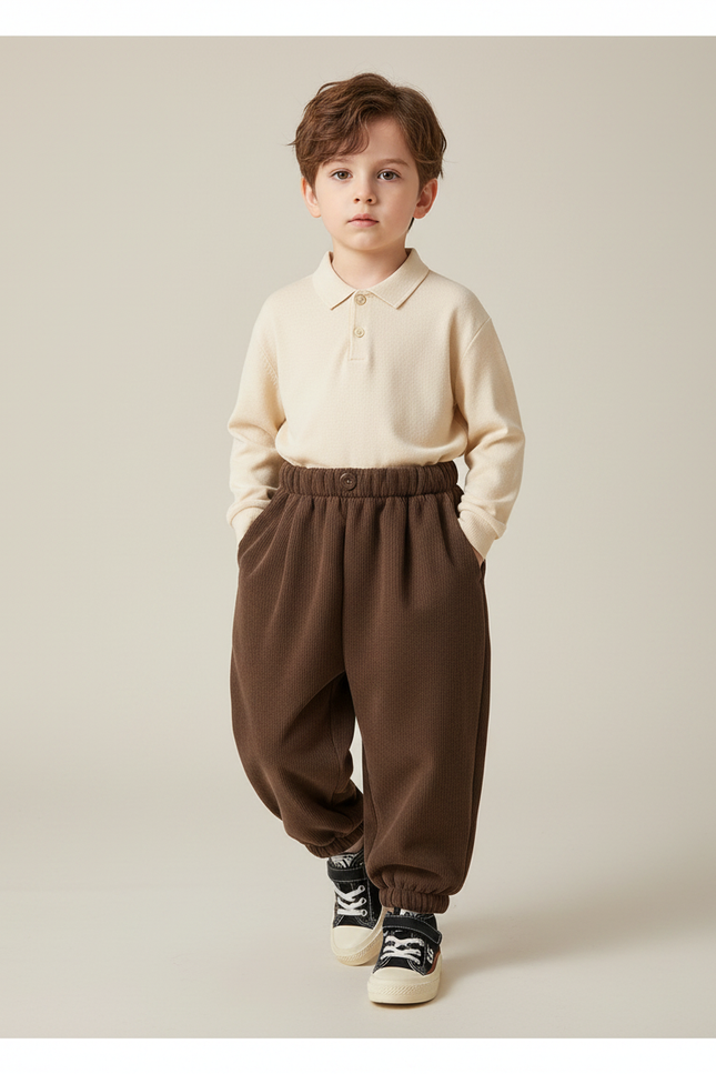 Pantalon À Pince Marron Côtelé Ample Enfant Hiver - Cordé