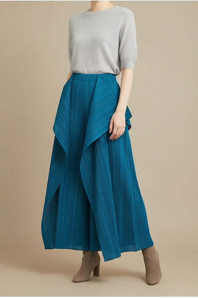 Pantalon À Pince Plissé Bleu Canard Irrégulier Ample Élégant - Polyester