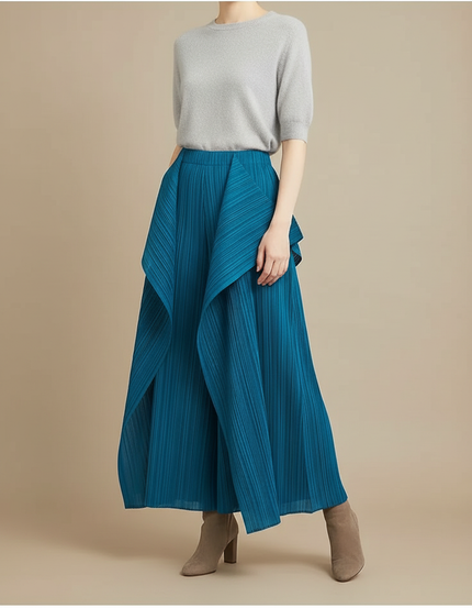 Pantalon À Pince Plissé Bleu Canard Irrégulier Ample Élégant - Polyester