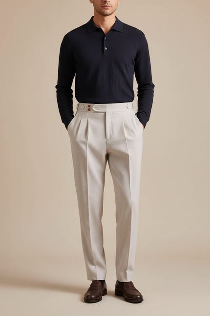 Pantalon À Pince Gris Clair Plissé Laine Droit Homme