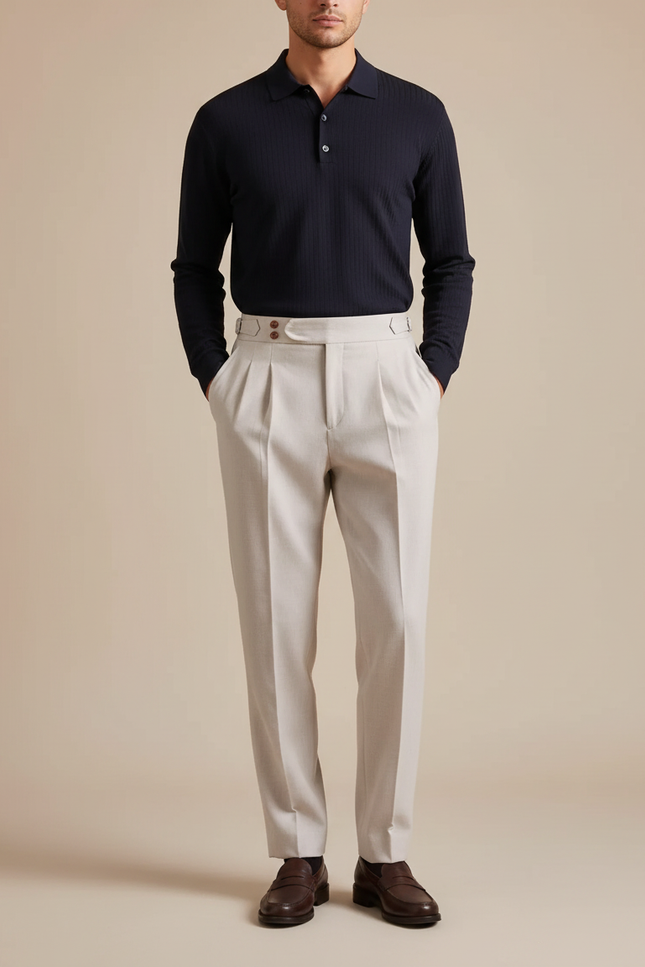 Pantalon À Pince Gris Clair Plissé Laine Droit Homme