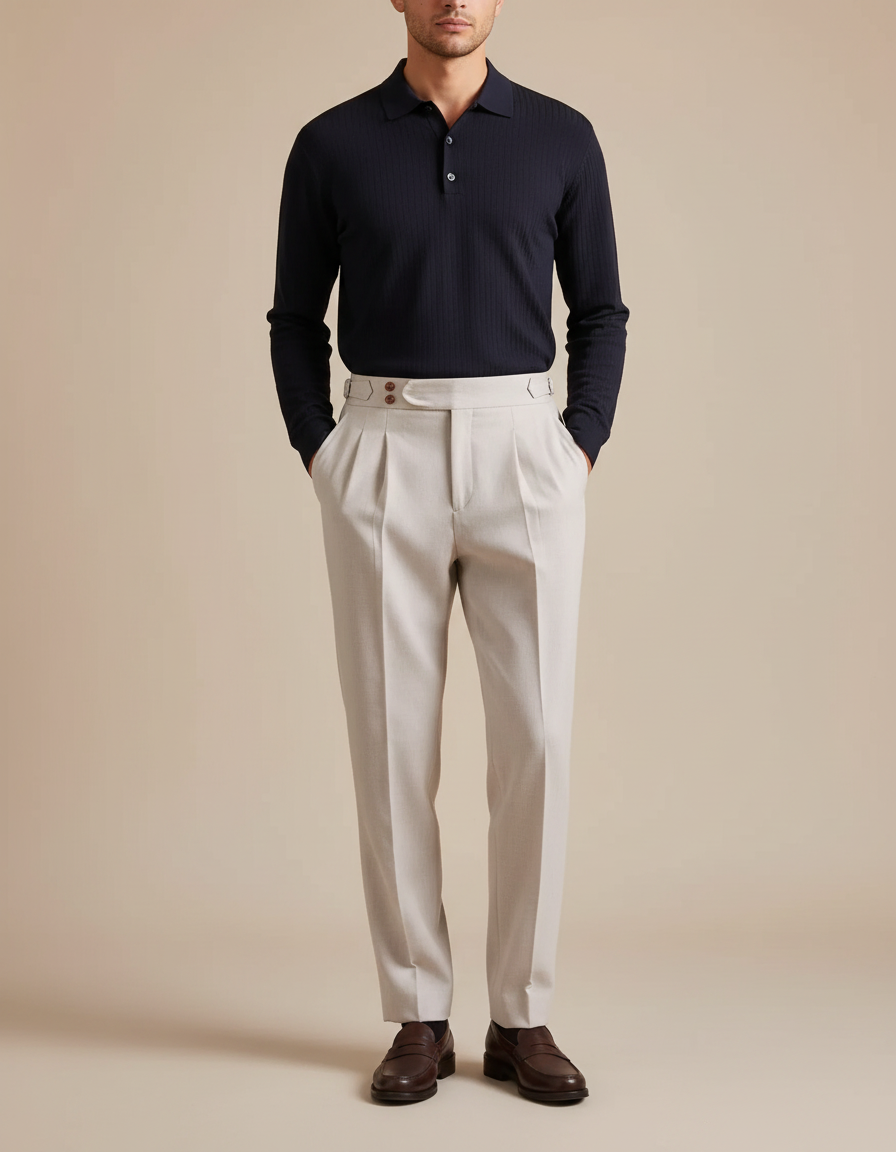 Pantalon À Pince Gris Clair Plissé Laine Droit Homme