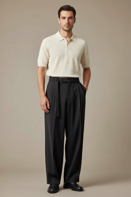 Pantalon À Pince Noir Plissé Ample Ceinturé Élégant Homme - Polyester