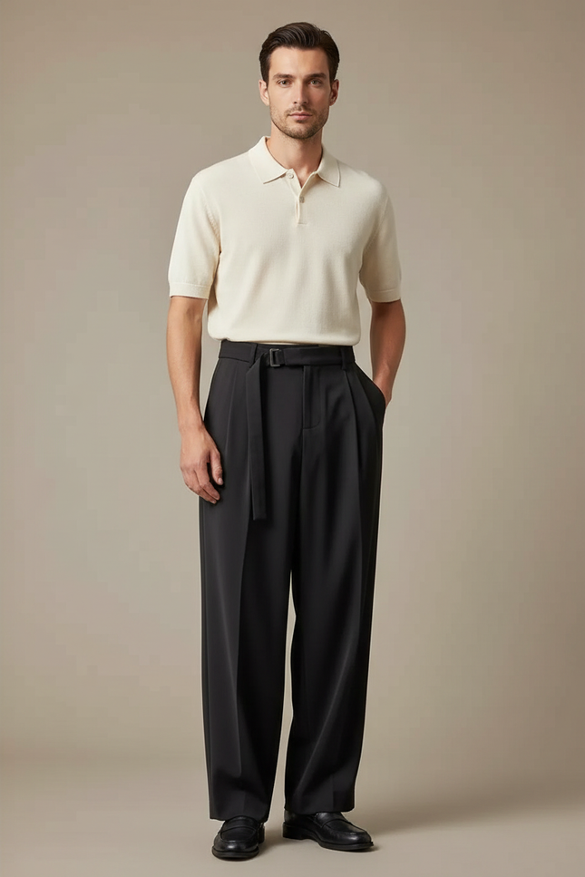 Pantalon À Pince Noir Plissé Ample Ceinturé Élégant Homme - Polyester