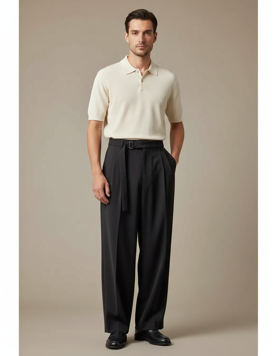 Pantalon À Pince Noir Plissé Ample Ceinturé Élégant Homme - Polyester