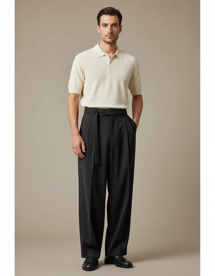 Pantalon À Pince Noir Plissé Ample Ceinturé Élégant Homme - Polyester