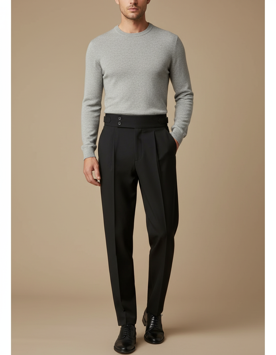 Pantalon À Pince Noir Plissé Élégant Slim Homme - Laine