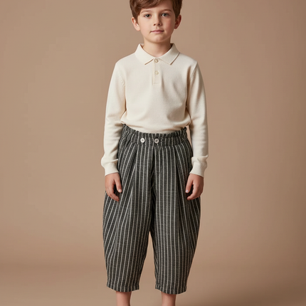 Pantalon À Pince Rayé Ample Coton Lin Court Décontracté - Gris
