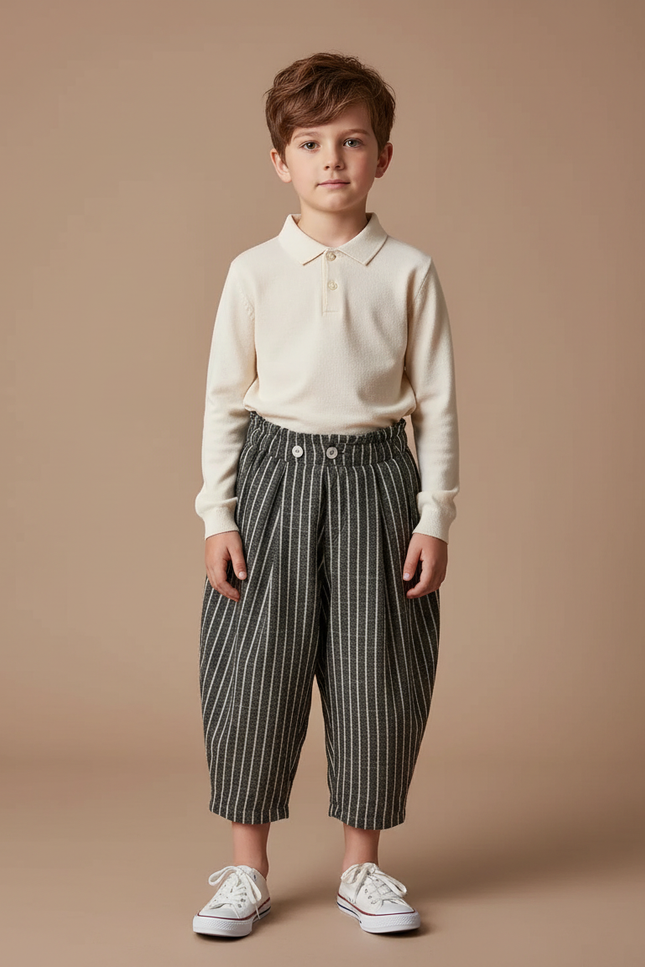 Pantalon À Pince Rayé Ample Coton Lin Court Décontracté - Gris
