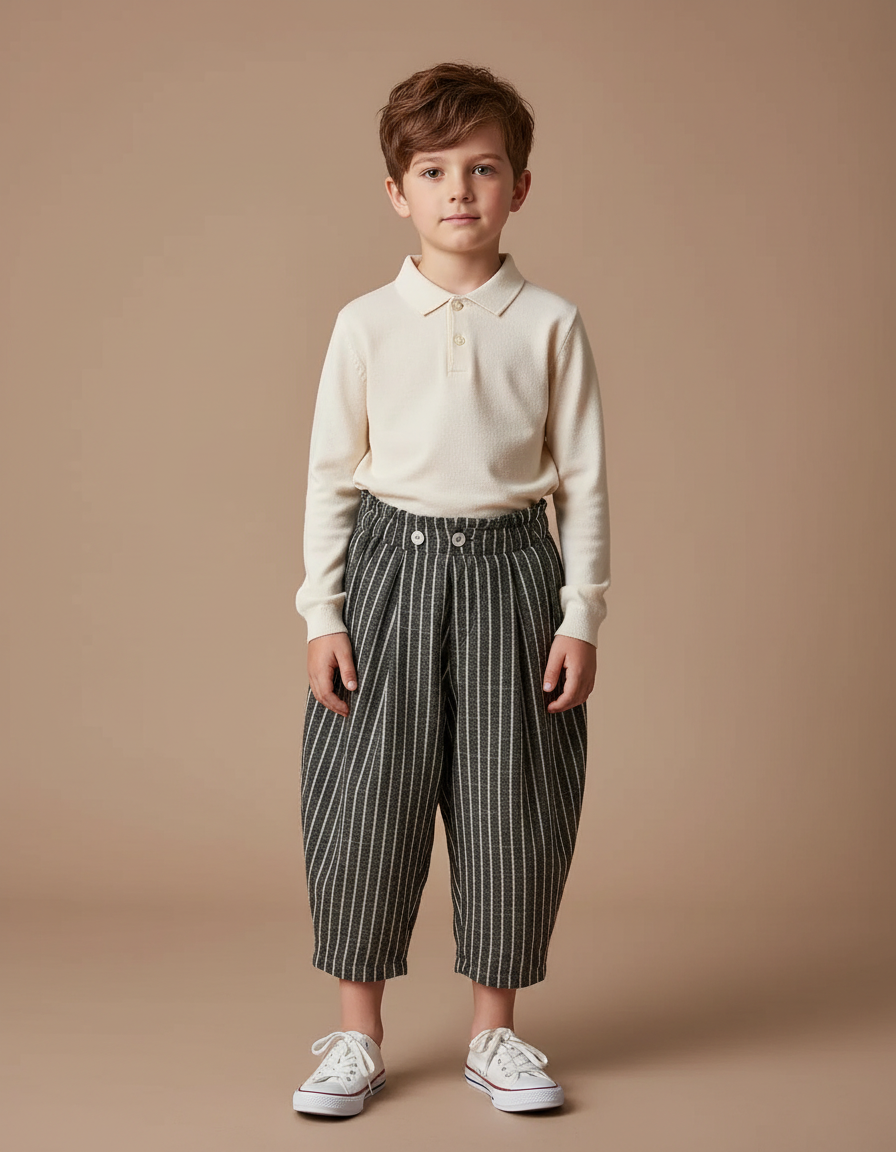 Pantalon À Pince Rayé Ample Coton Lin Court Décontracté - Gris