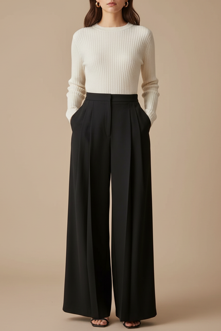 Pantalon À Pince Noir Ample Fluide Élégant Femme - Polyester