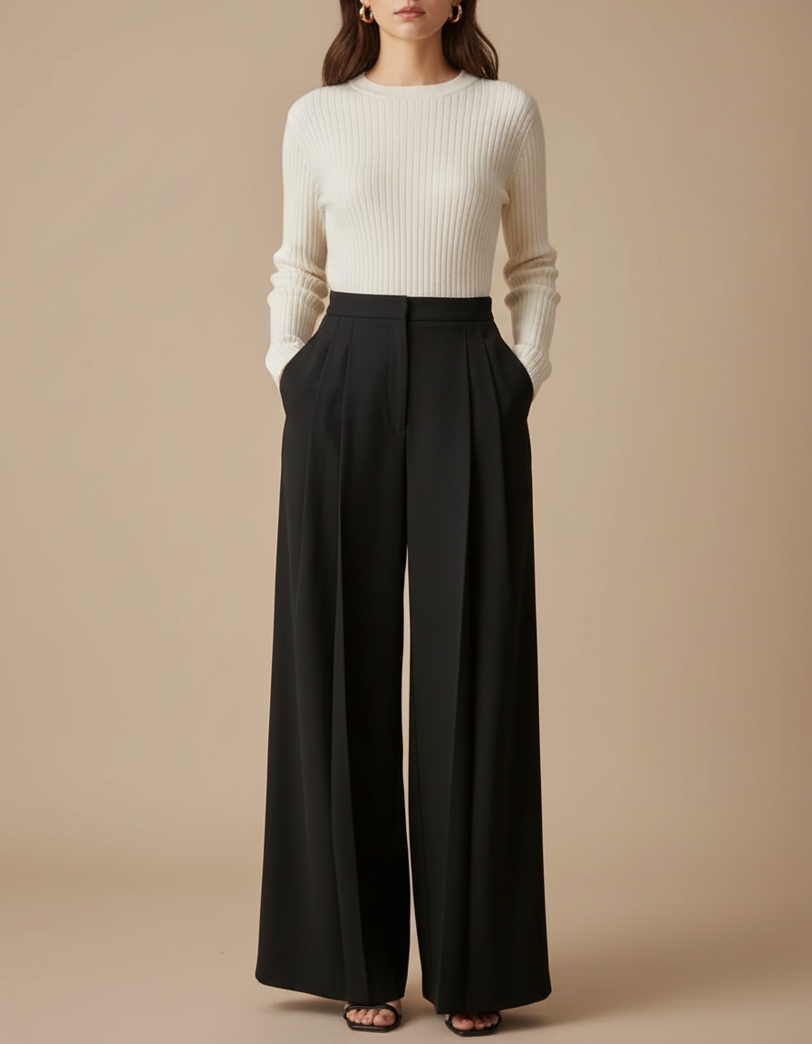Pantalon À Pince Noir Ample Fluide Élégant Femme - Polyester