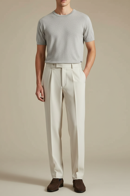 Pantalon À Pince Crème Ample Plissé Décontracté Homme - Beige Gabardine