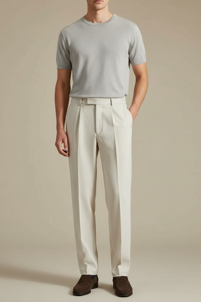 Pantalon À Pince Crème Ample Plissé Décontracté Homme - Beige Gabardine
