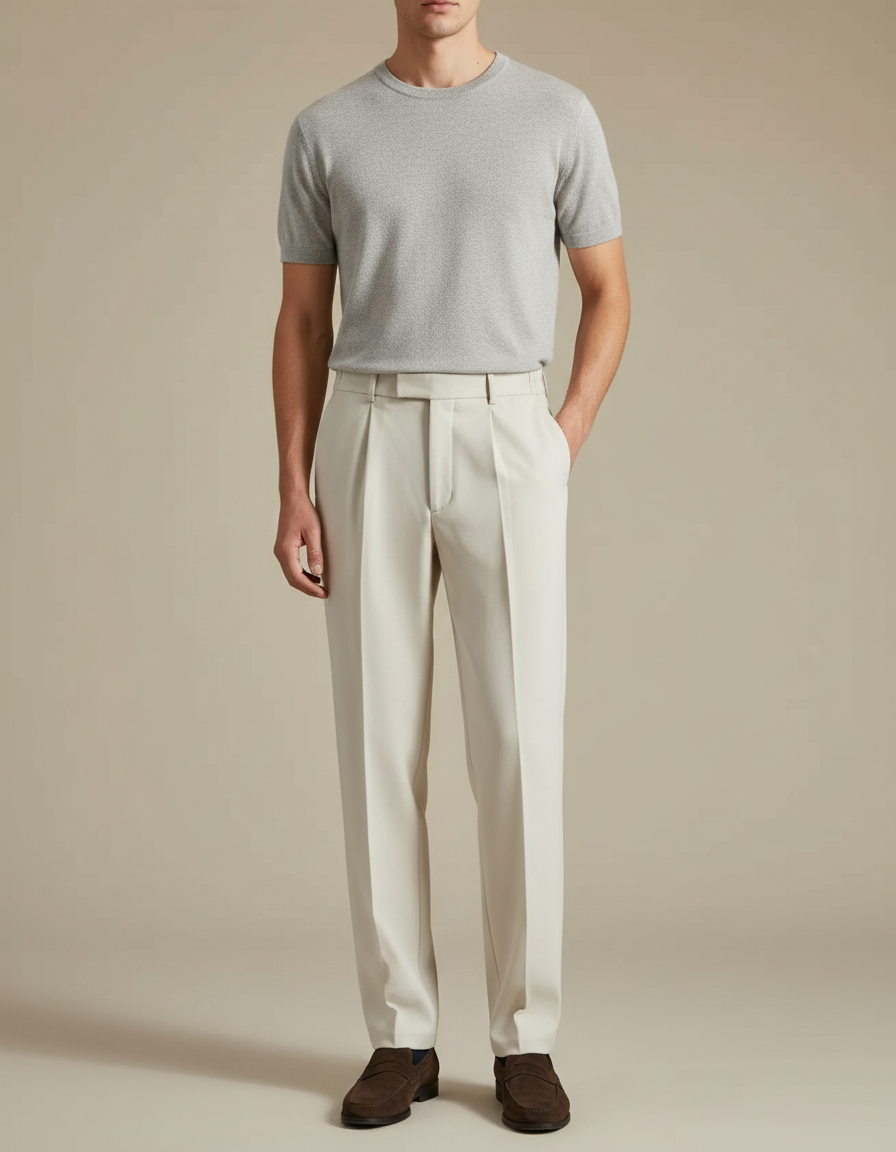Pantalon À Pince Crème Ample Plissé Décontracté Homme - Beige Gabardine