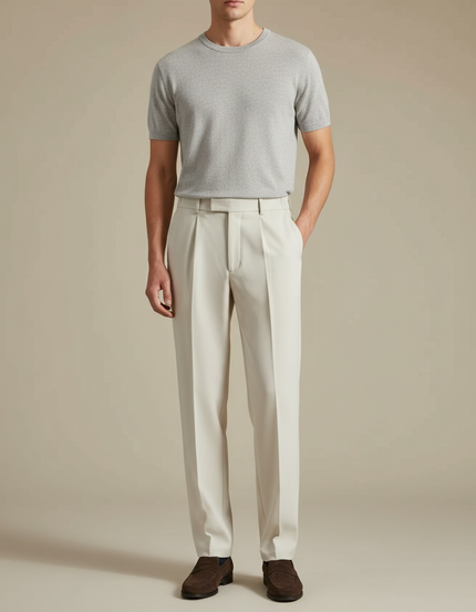 Pantalon À Pince Crème Ample Plissé Décontracté Homme - Beige Gabardine
