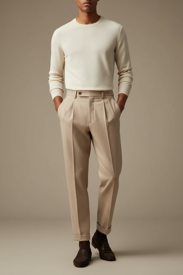 Pantalon À Pince Beige Laine Plissé Droit Homme
