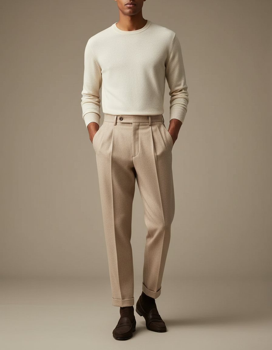 Pantalon À Pince Beige Laine Plissé Droit Homme