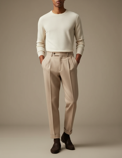 Pantalon À Pince Beige Laine Plissé Droit Homme