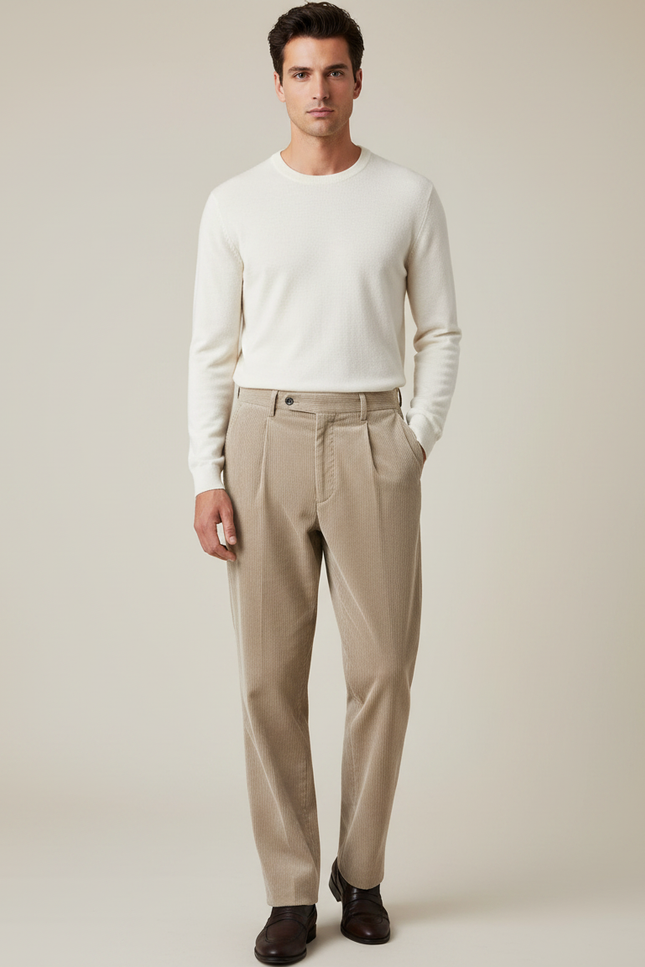 Pantalon À Pince Beige Côtelé Décontracté Ample - Cordé