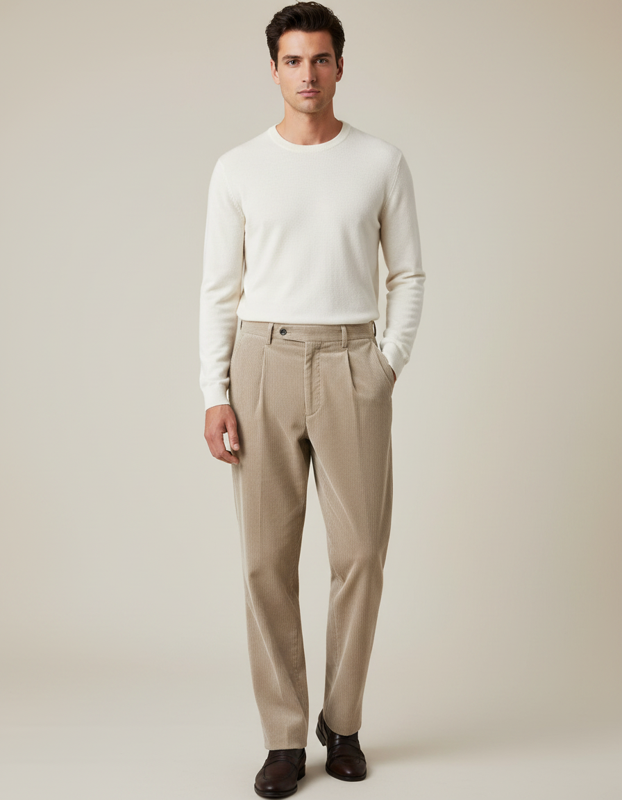Pantalon À Pince Beige Côtelé Décontracté Ample - Cordé