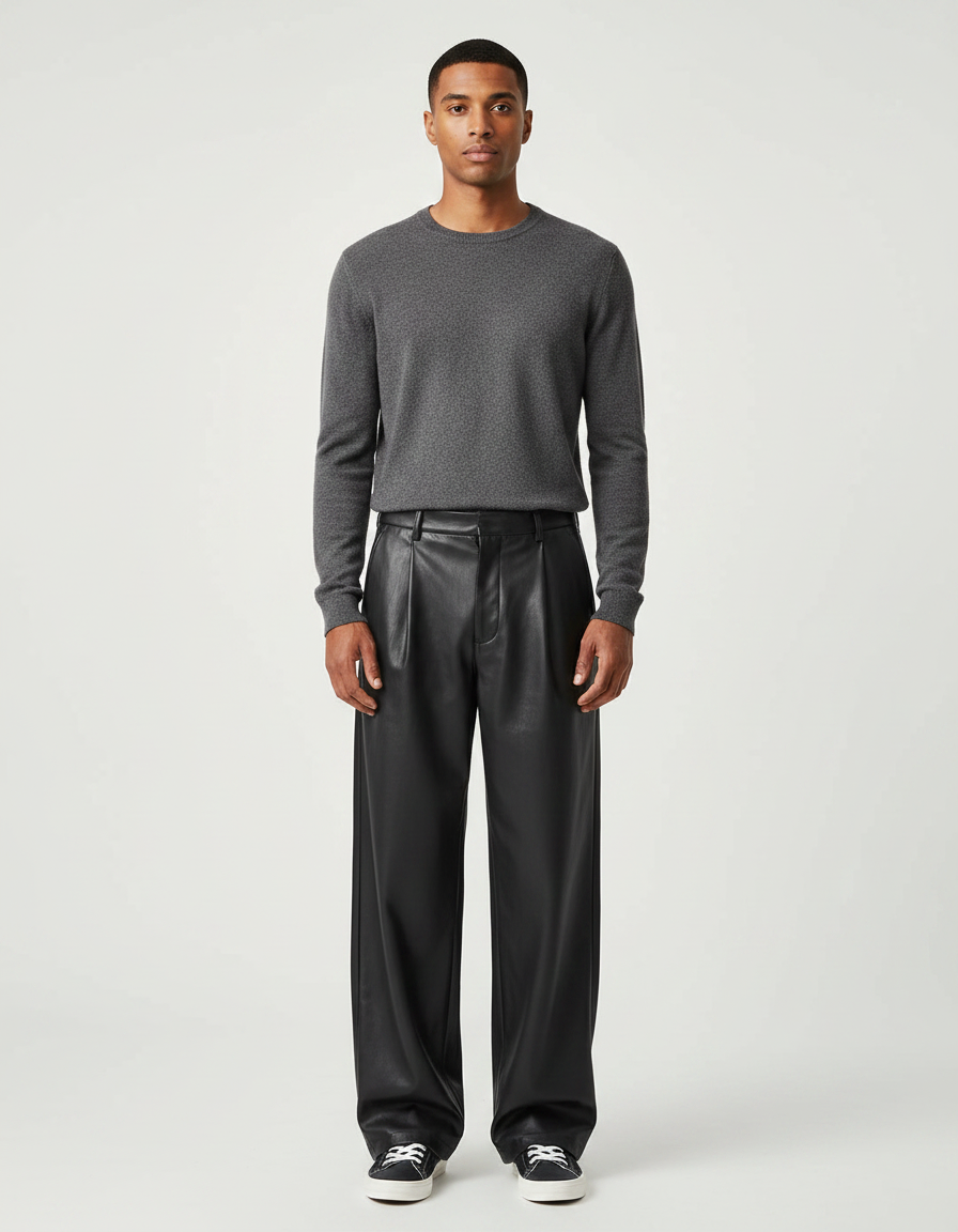 Pantalon À Pince Simili Cuir - Noir