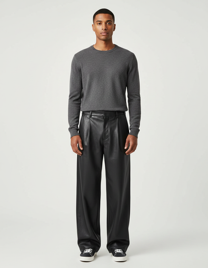 Pantalon À Pince Simili Cuir - Noir
