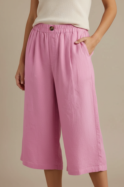 Pantalon À Pince Rose Coton Lin Ample Court Décontracté