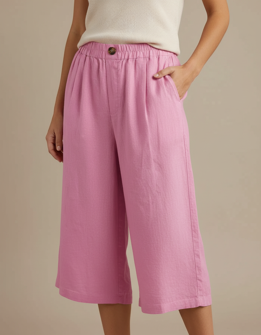Pantalon À Pince Rose Coton Lin Ample Court Décontracté