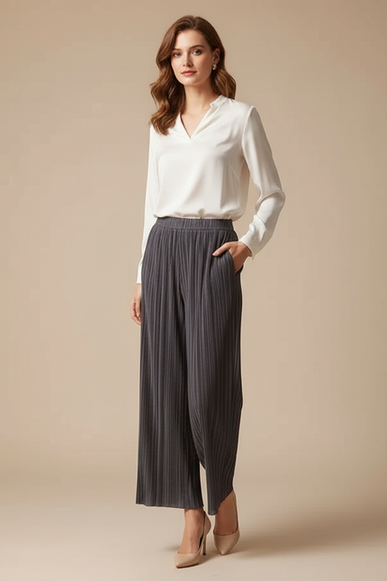 Pantalon À Pince Gris Plissé Fluide Élégant Décontracté - Polyester