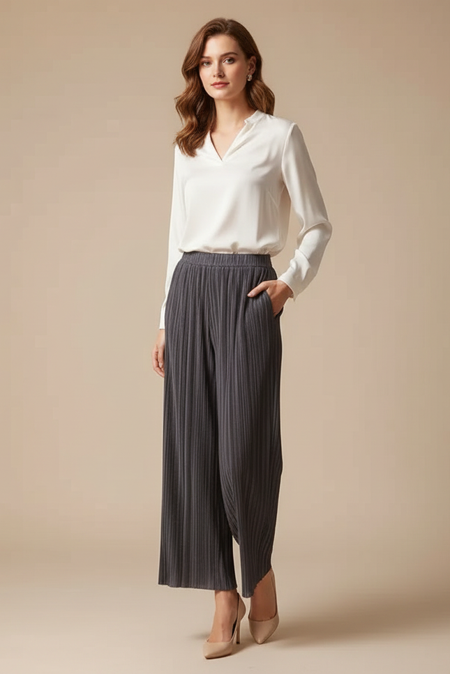 Pantalon À Pince Gris Plissé Fluide Élégant Décontracté - Polyester