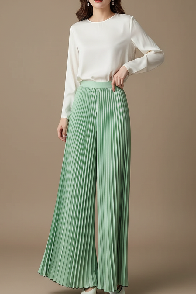 Pantalon À Pince Plissé Vert Menthe Fluide Ample - Polyester