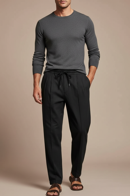 Pantalon À Pince Noir Plissé Décontracté Cordon Homme - Polyester