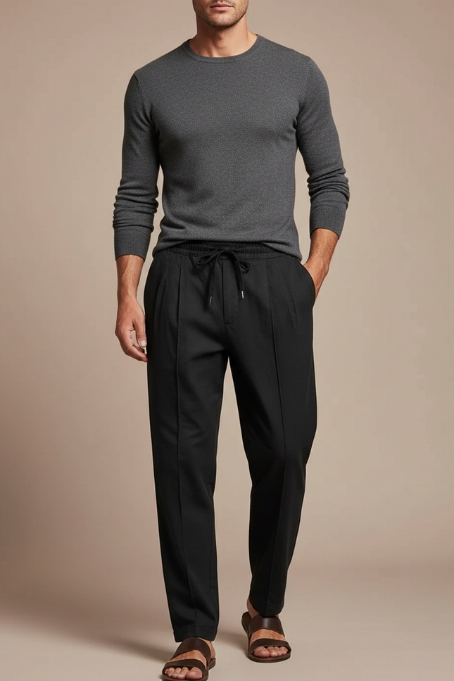 Pantalon À Pince Noir Plissé Décontracté Cordon Homme - Polyester