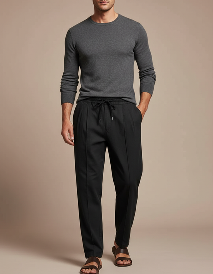 Pantalon À Pince Noir Plissé Décontracté Cordon Homme - Polyester