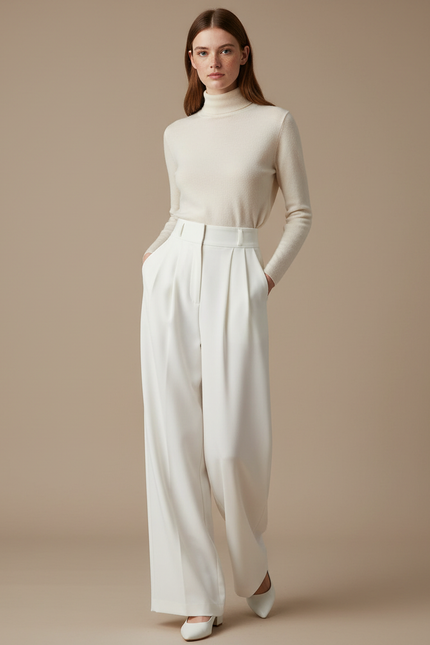Pantalon À Pince Blanc Cassé Plissé Ample Élégant Femme - Gabardine