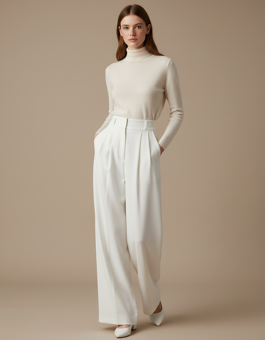 Pantalon À Pince Blanc Cassé Plissé Ample Élégant Femme - Gabardine