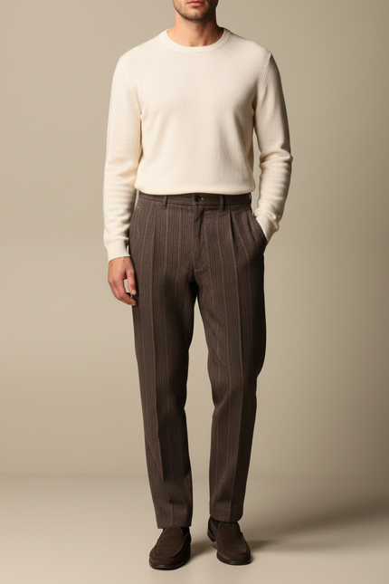 Pantalon À Pince Marron Rayé Laine Plissé Homme