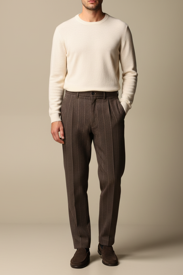Pantalon À Pince Marron Rayé Laine Plissé Homme