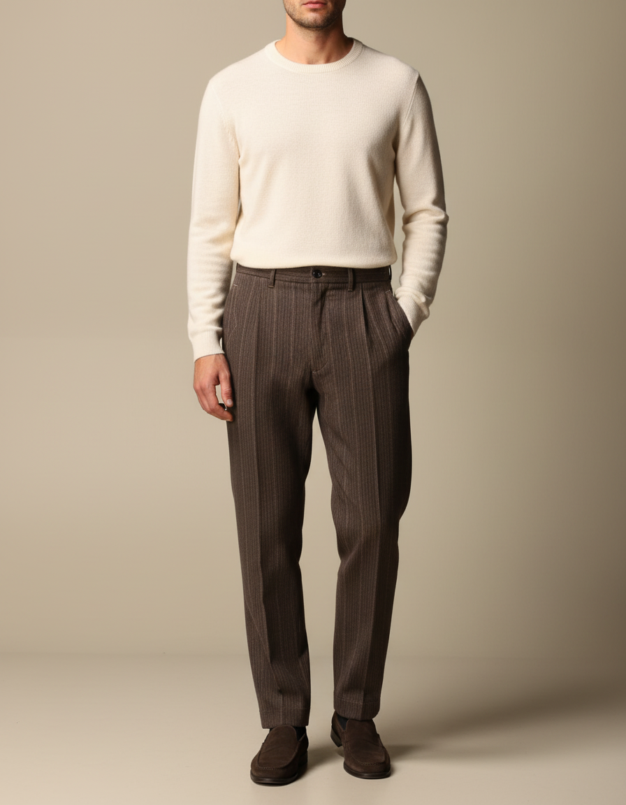 Pantalon À Pince Marron Rayé Laine Plissé Homme