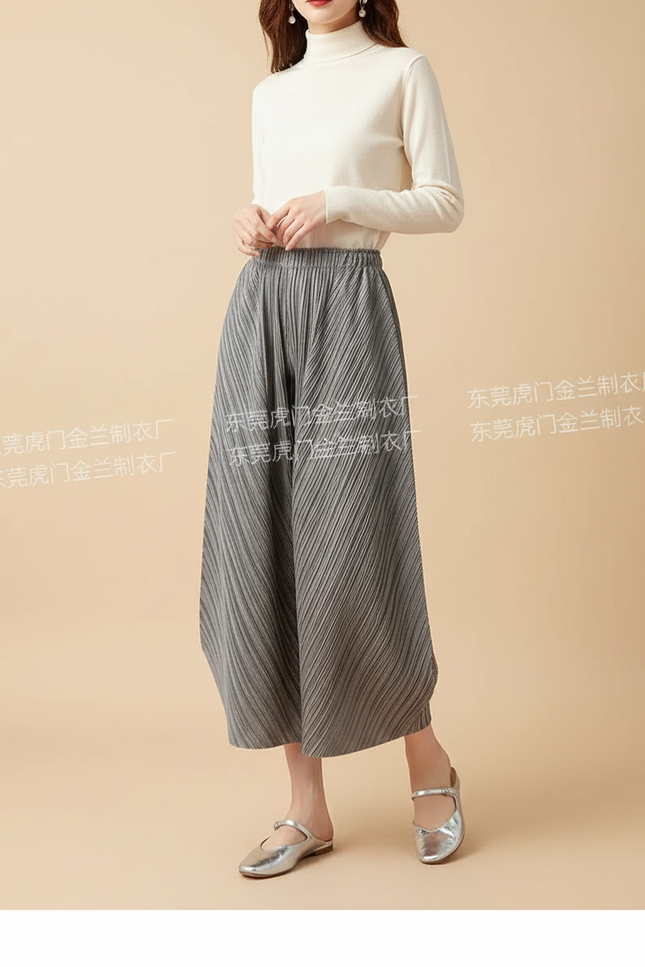 Pantalon À Pince Plissé Gris Ample Taille Haute Décontracté - Polyester