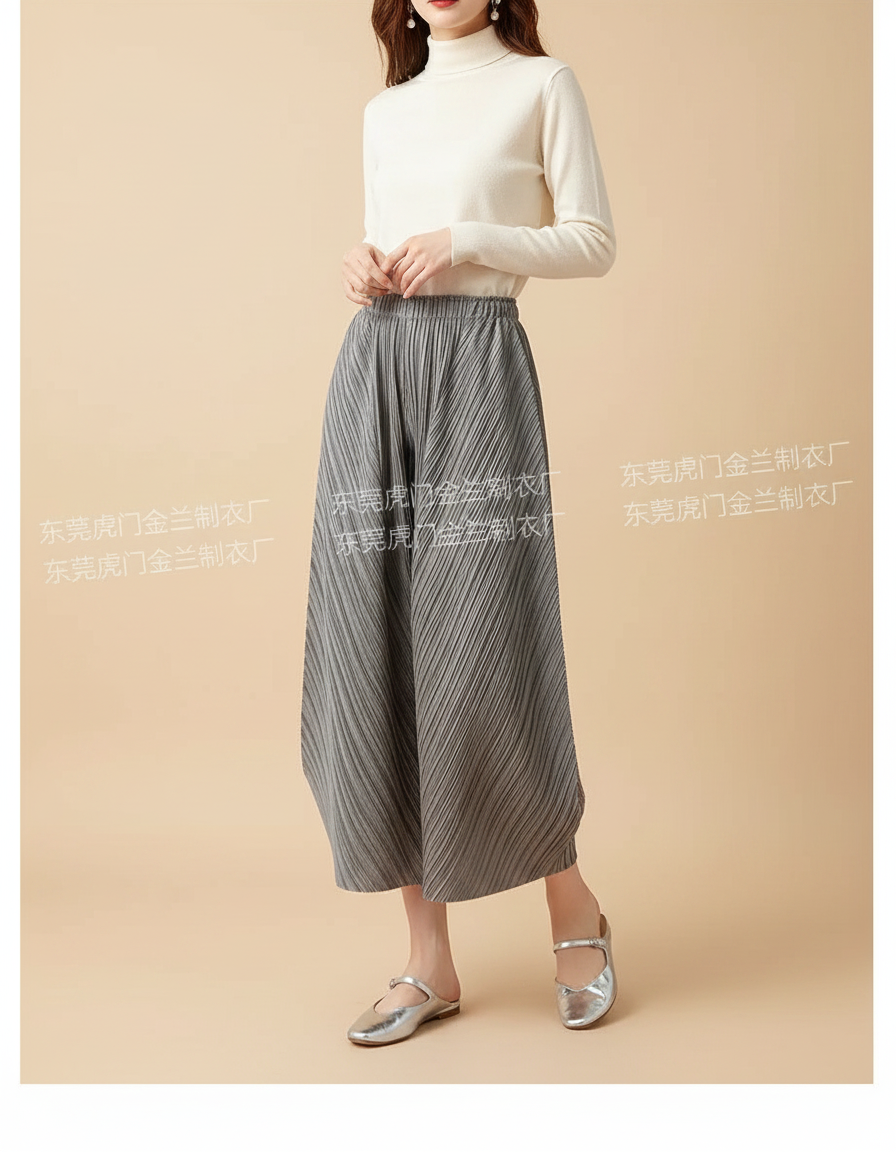 Pantalon À Pince Plissé Gris Ample Taille Haute Décontracté - Polyester