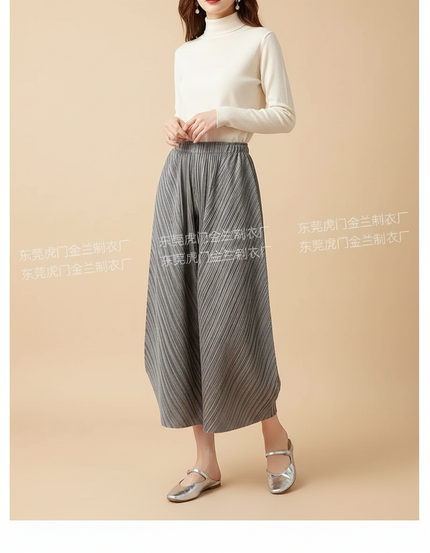 Pantalon À Pince Plissé Gris Ample Taille Haute Décontracté - Polyester