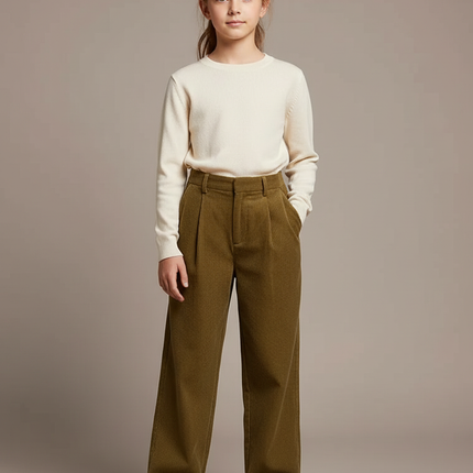 Pantalon À Pince Kaki Côtelé Ample Décontracté Femme - Cordé