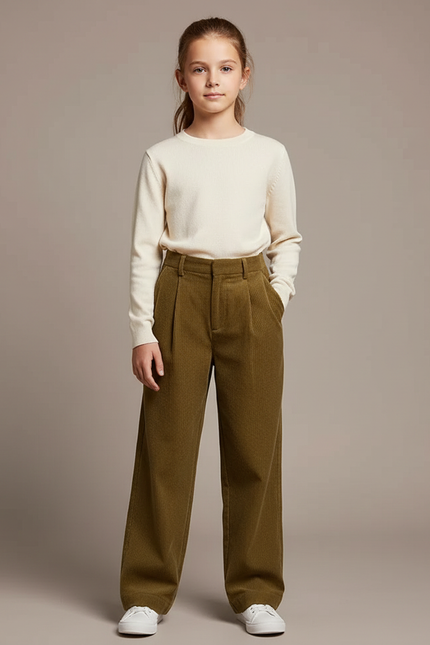 Pantalon À Pince Kaki Côtelé Ample Décontracté Femme - Cordé