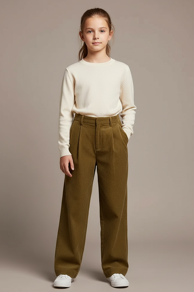 Pantalon À Pince Kaki Côtelé Ample Décontracté Femme - Cordé