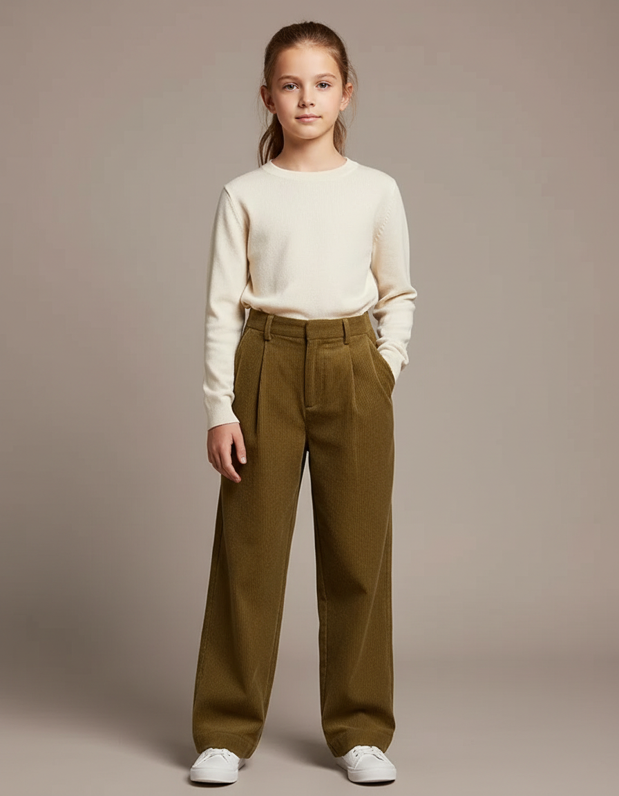 Pantalon À Pince Kaki Côtelé Ample Décontracté Femme - Cordé